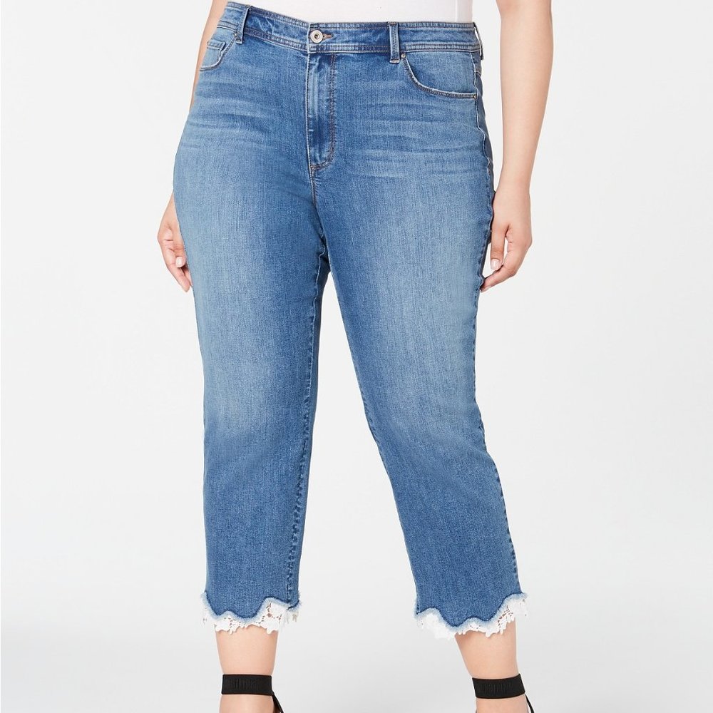 I.N.C. Plus Size Lace-Trip Cropped Skinny Jeans
